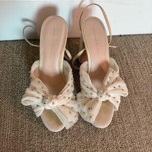 Loeffler Randall Ivory Tulle Knotted Slide Heels with Crystal Accents